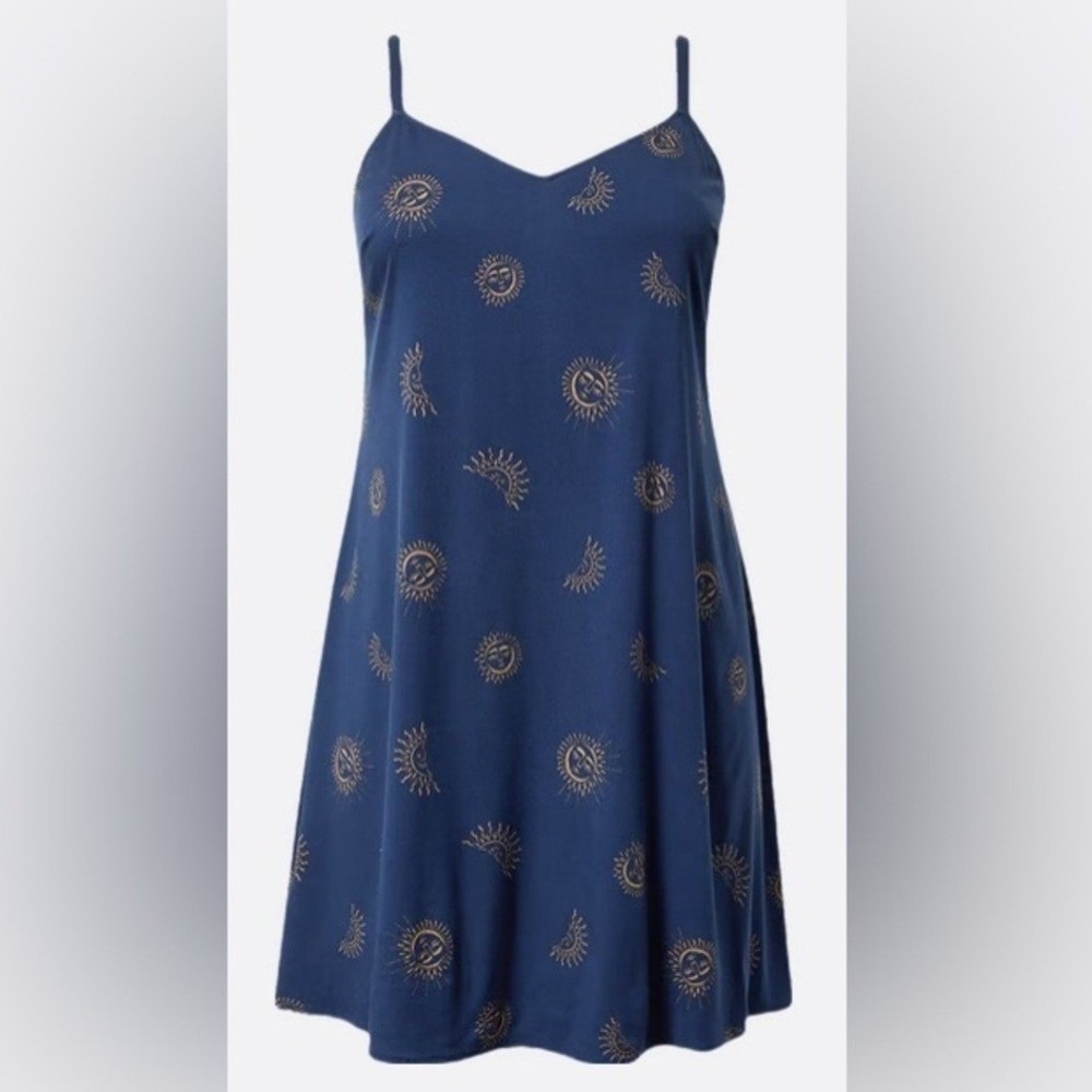 Torrid Celestial Sun Moon Y2K Challis Dress Boho Navy Blue Size 0X Rising Sol